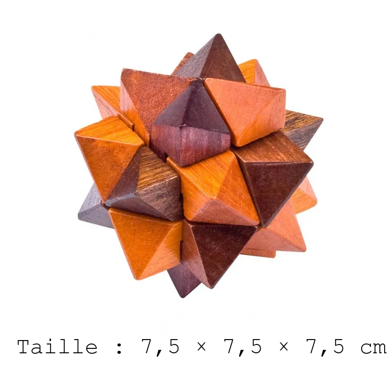 Casse tête 12 pièces, étoile à pointes en bois orangé, brun et prune