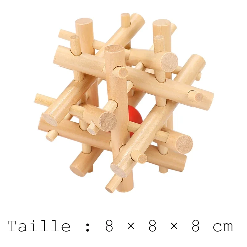 Casse tête boule en cage en baguettes de bois avec boule rouge au centre