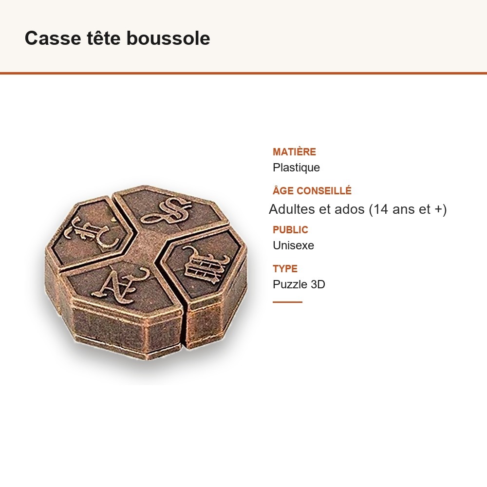 Casse tête boussole : matière, dimensions et âge conseillé