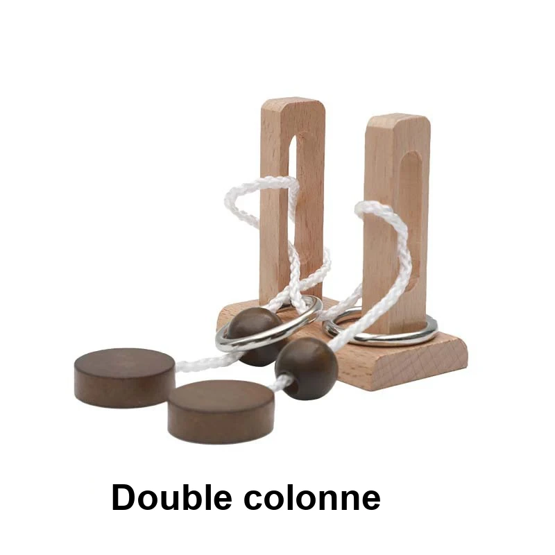 Casse tête chinois bille à deux colonnes en bois, billes foncées et cordelette blanche