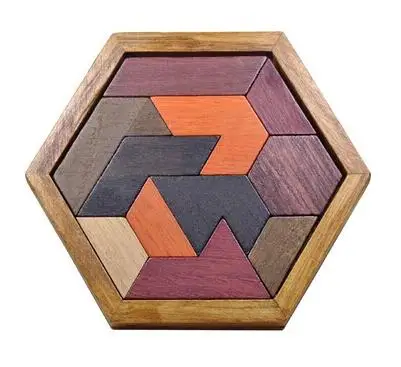 Casse tête chinois tangram en bois avec plateau hexagonal et pièces colorées