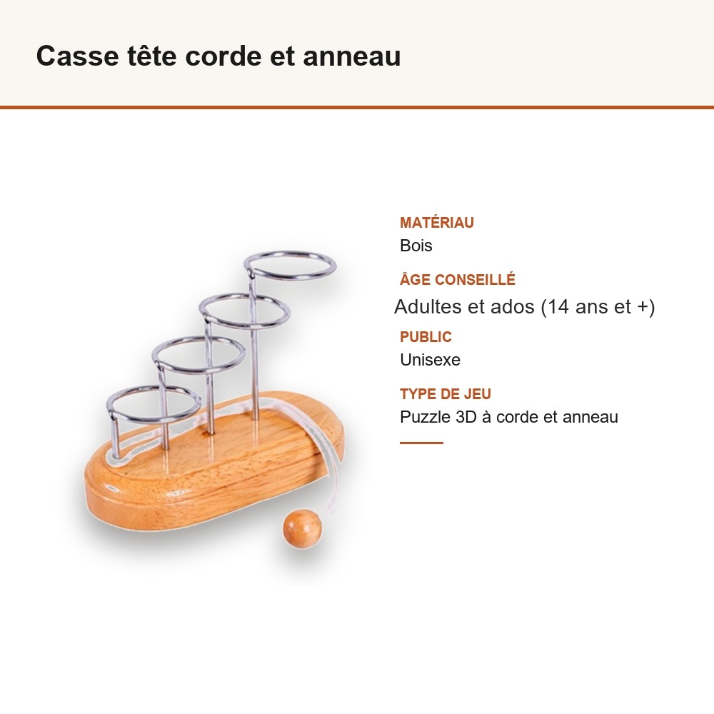 Casse tête corde et anneau : matière, dimensions et âge conseillé