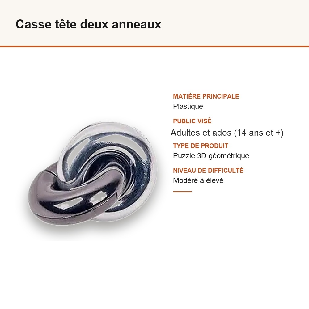 Casse tête deux anneaux : matière, dimensions et âge conseillé