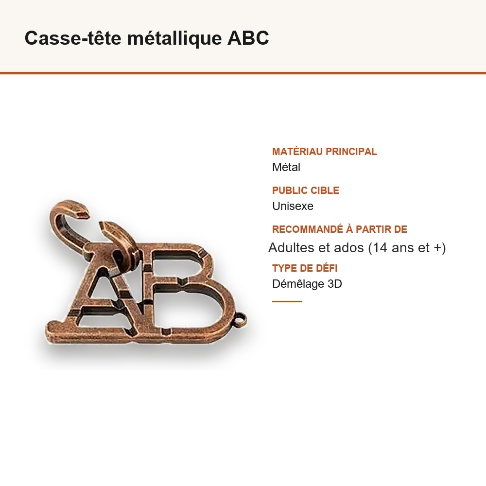 Casse-tête métallique ABC : matière, dimensions et âge conseillé