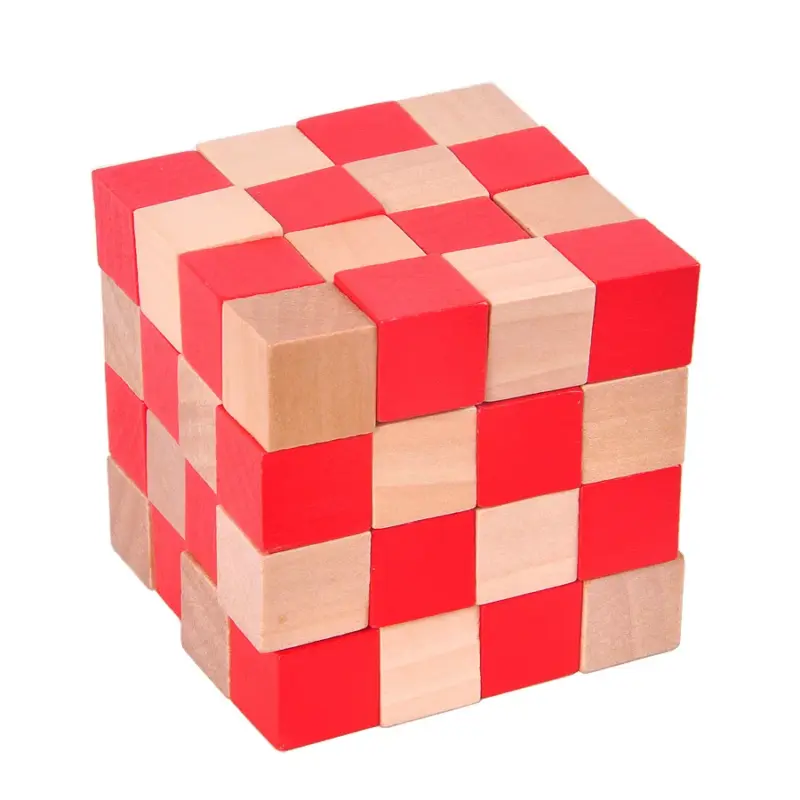 Casse tête serpent en bois replié en cube au damier rouge et naturel