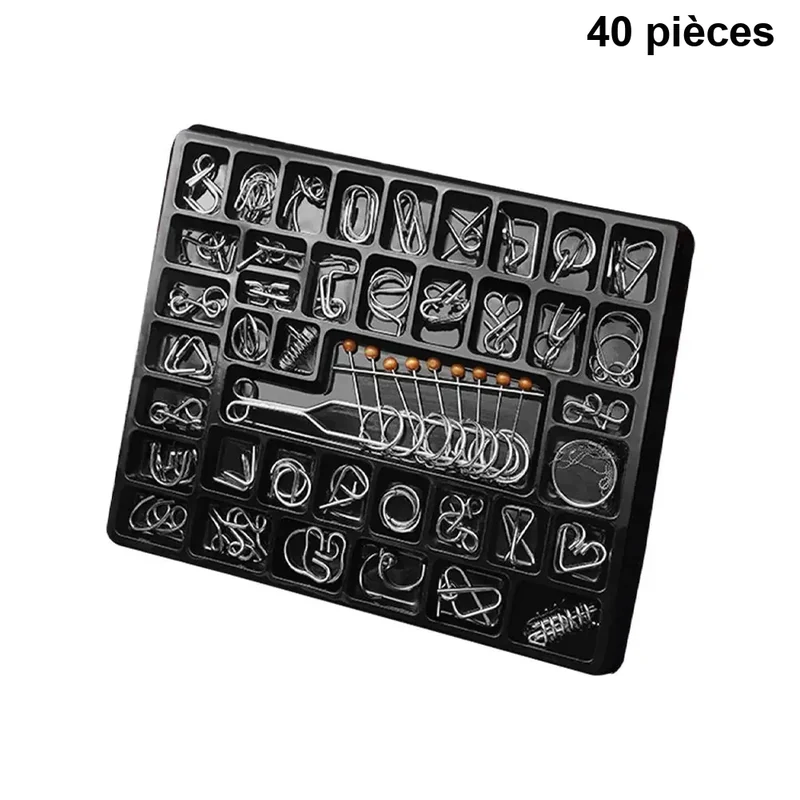 Coffret casse tête adulte, 40 casse-têtes en métal sur un plateau noir